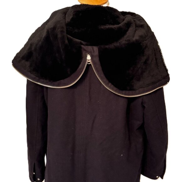 Theory Cashmere Wool Blend Large Black Hood Fur Zip Front Coat Jacket EUC - Picture 6 of 14